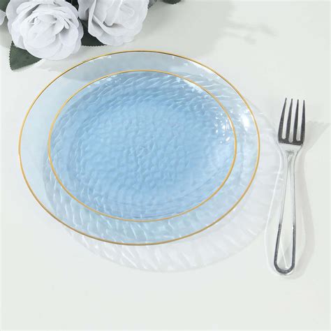 10 Pack Plastic Round Dinner Plates 9 Transparent Dusty Blue Hammered Design With Gold Rim Modern Disposable Party 10 Pack Plastic Round Dinner Plates 9 Transparent Dusty Blue Hammered Design With Gold Rim Modern Disposable Party