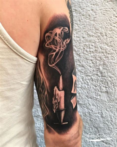14 Hour Skull And Candle Smoke Tattoo This Tattoo Was Done Over Two Sessions The Bottom Half Is Healed And The Top Half Is Freshly Done Doing 7 Hours On The Inner Ditch Of The Arm Is The Most