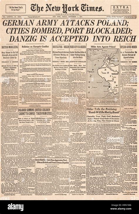 1939 New York Times Usa Front Page Reporting The Invasion Of Poland By Nazi Germany Stock Photo Alamy