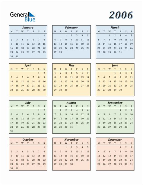 2006 Yearly Calendar Templates With Monday Start