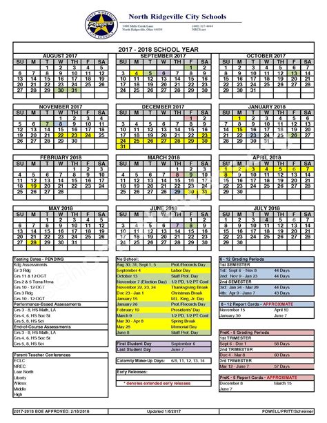 2017 2018 School Calendar North Ridgeville City Schools North