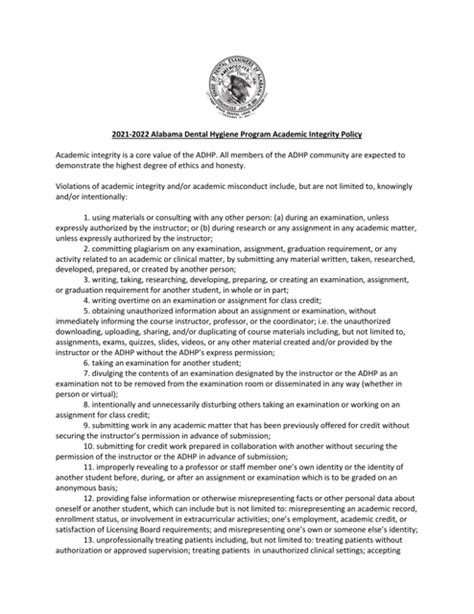 2022 Alabama Alabama Dental Hygiene Program Academic Integrity Policy