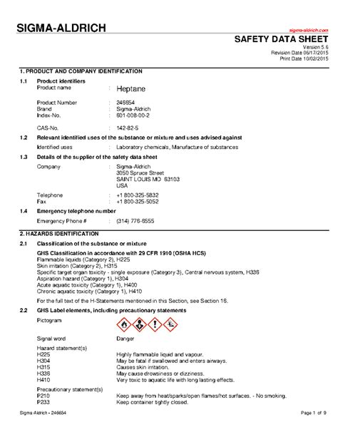 246654 Heptane Msds Sigma Aldrich Sigma Aldrich Safety Data Sheet