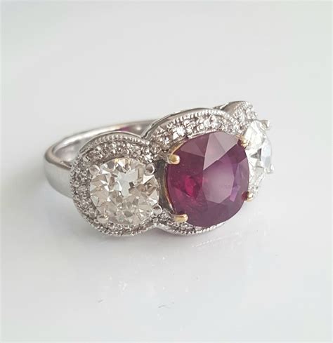 5 03 Carat Natural Cushion Ruby And White Round Old Cut Diamond Ring In