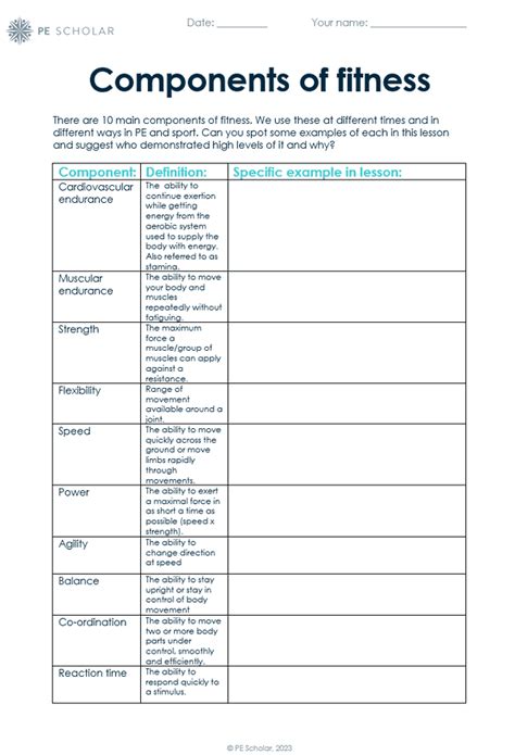 5 Fitness Components Worksheet Pe 101
