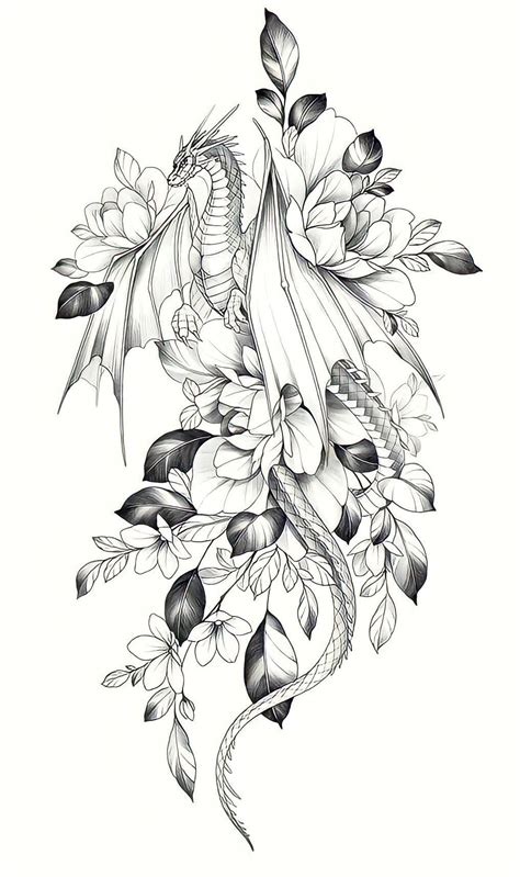 A Black And White Image Of A Dragon With Flowers On It Amp 39 S Back Side