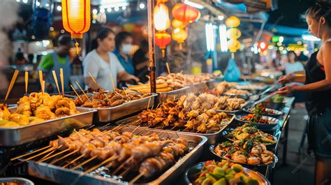 A Busy Street Food Market Scene At Night With People Stalls And