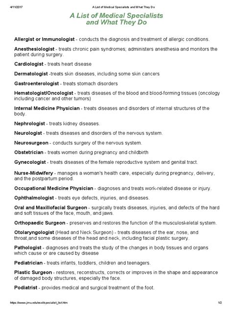 A List Of Medical Specialists And What They Do Pdf Surgery Medical Diagnosis
