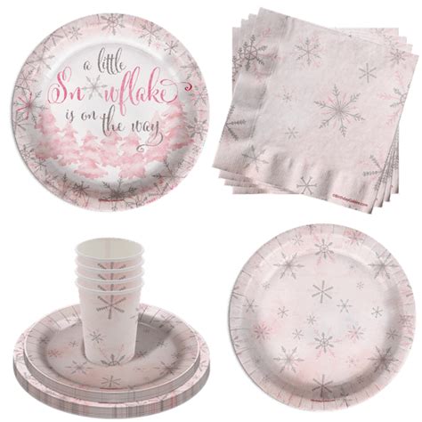 A Little Snowflake Is On The Way Girl S Baby Shower Party Supplies 64 Piece Tableware Set Includes Large 9 Paper Plates Dessert Plates Cups And