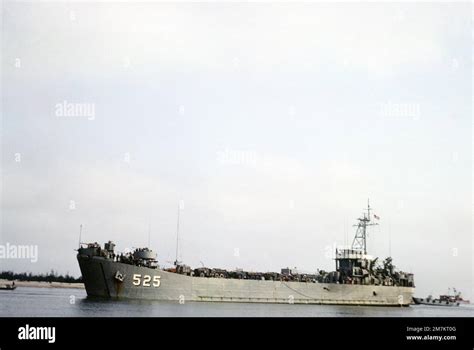 A Port Bow View Of The Tank Landing Ship Uss Caroline County Lst 525 With Its Bow Doors Open While Docked At Cua Viet The Ship Brought Ice Cream To The Marines At