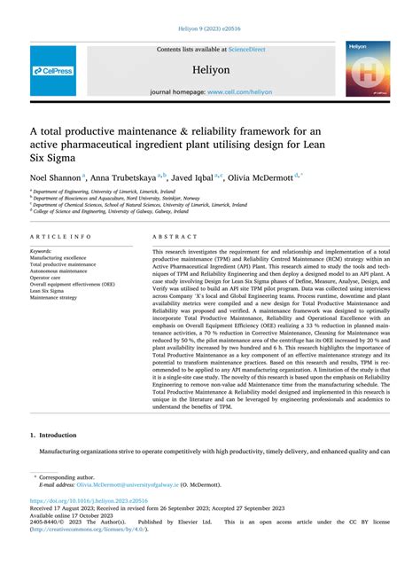 A Total Productive Maintenance Reliability Framework For An Active Pharmaceutical Ingredient Plant Utilising Design For Lean Six Sigma Heliyon