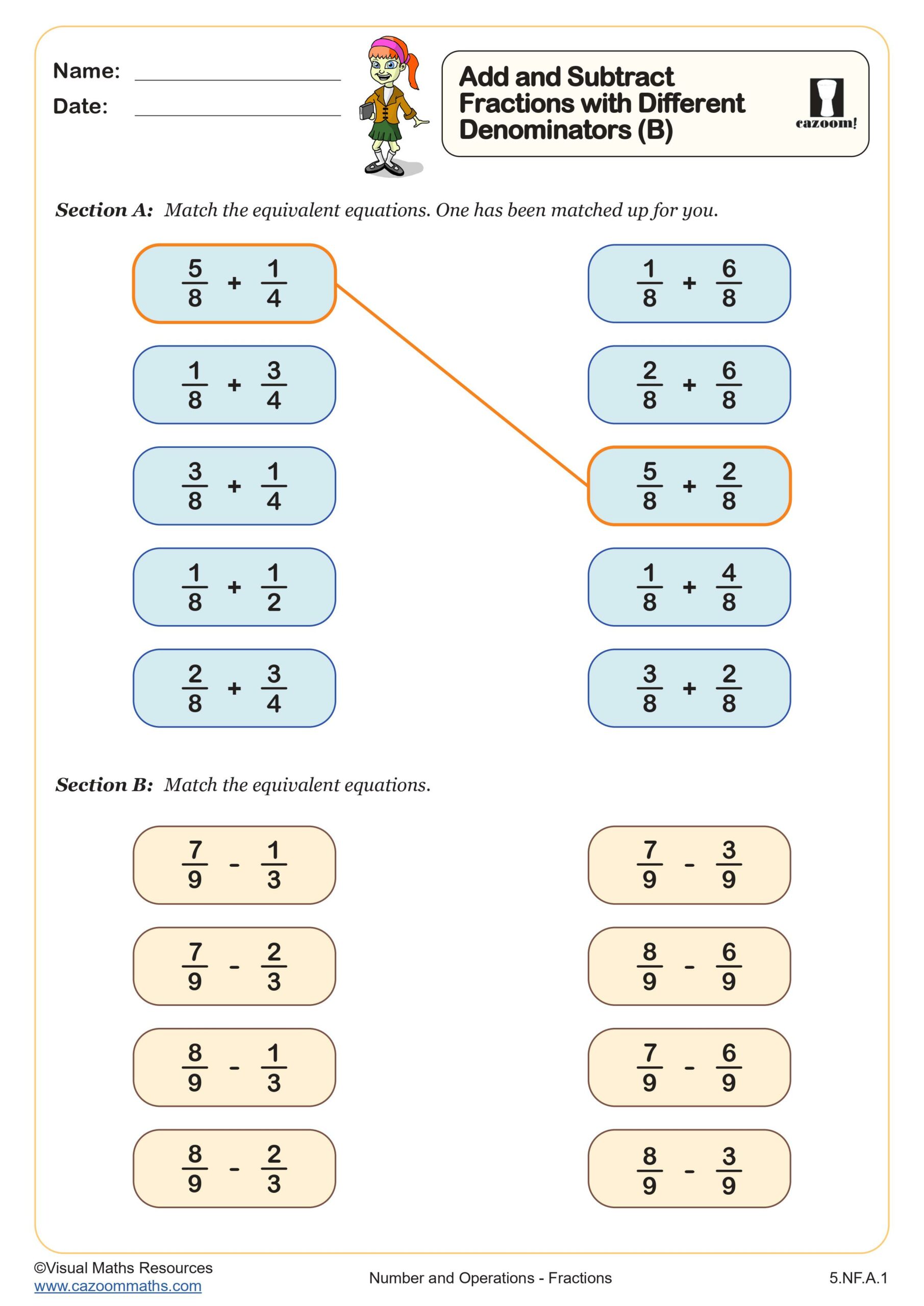Add And Subtract Fractions With Different Denominators B Worksheet