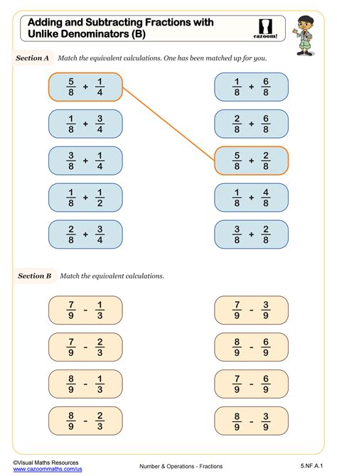 Adding And Subtracting Fractions With Unlike Denominators Worksheets