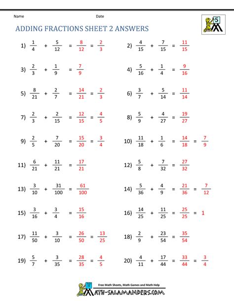 Adding Fractions Worksheet Answers