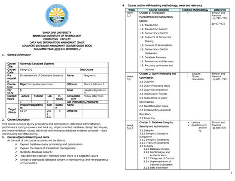 Adv Db Course Guide Book Final 1 Bahir Dar University Bahir Dar
