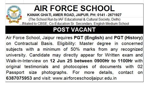 Air Force School Jaipur Recruitment 2025 All City Job Air Force School Jaipur Recruitment 2025 All City Job