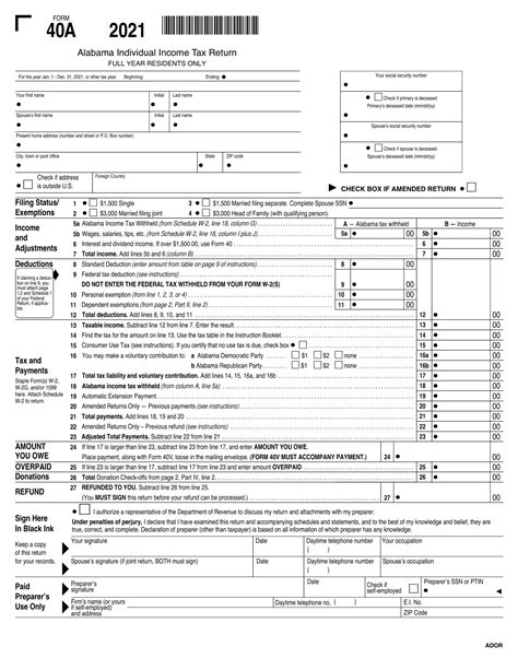 Alabama State Tax Return 40A Pdf Form Formspal
