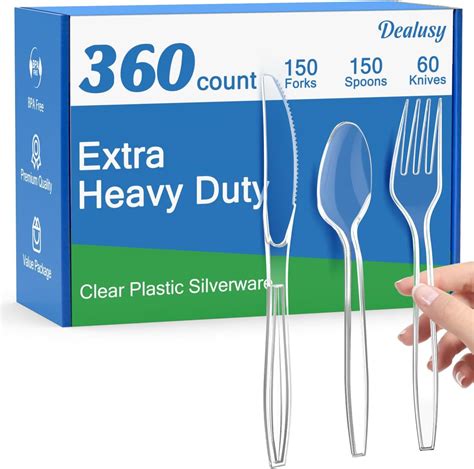 Amazon Com Dealusy 360 Count Extra Heavy Duty Clear Plastic Silverware 150 Forks 150 Spoons 60 Knives Bpa Free Heat Resistant Disposable Plastic Utensils Set Plastic Cutlery Set Plasticware Bulk Health Household