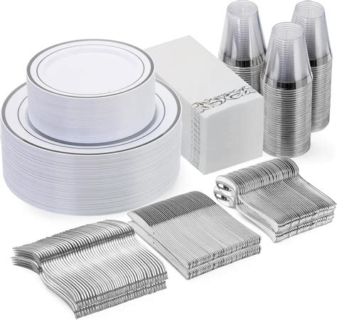 Amazon Com Goodluck 350 Piece Silver Plastic Dinnerware Set For 50 Amazon Com Goodluck 350 Piece Silver Plastic Dinnerware Set For 50