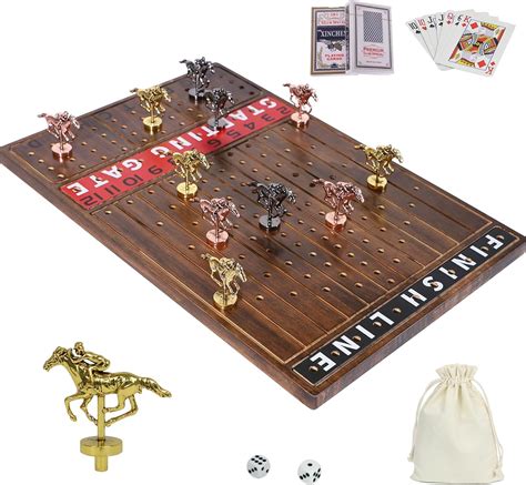 Amazon Com Horow Horse Racing Board Game Solid Wood Horse Race Card And Dice Board Game Luxury Edition Set With 11 Metal Horses 2 Dices And 2 Boxes Of Cards Rectangle Red Peach Toys