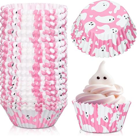Amazon Com Jarthenaamcs 300Pcs Halloween Cupcake Liners Pink White Ghost Baking Cups Wrappers Greaseproof Muffin Liners For Halloween Party Supplies Home Kitchen
