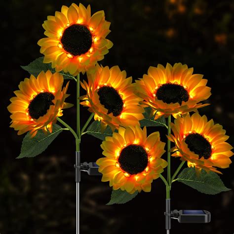 Amazon Com Meagoo Solar Sunflower Lights 800Ma Solar Garden Light With Real Looking Flowers Outdoor Waterproof Solar Stake Lights For Back Yard Flower Bed Pathway Patio Porch Spring Decoration 2 Pack