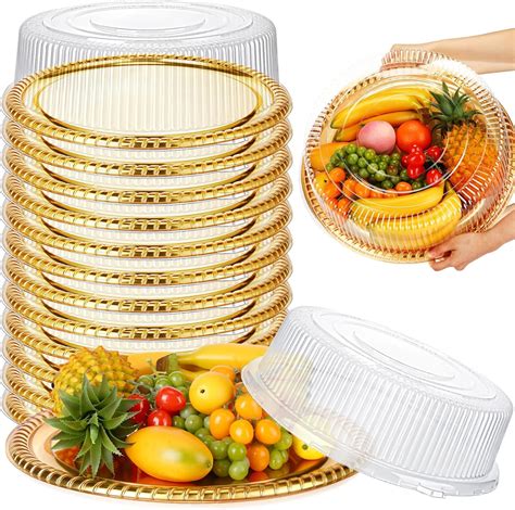 Amazon Com Nitial 12 Pcs Heavy Duty Serving Tray With Clear Lid Round Elegant Gold Catering Trays Disposable Large Plastic Platters For Fruit Cake Sandwich Food Picnic Christmas Party Supplies 18 Inches