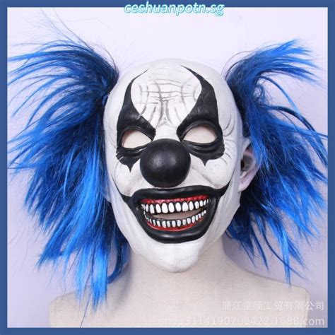 Amazon Com Thereisno Latex Blue Hair Smiling Clown Mask Halloween Haunted House Headgear Props Men Hat Clothing Shoes Jewelry