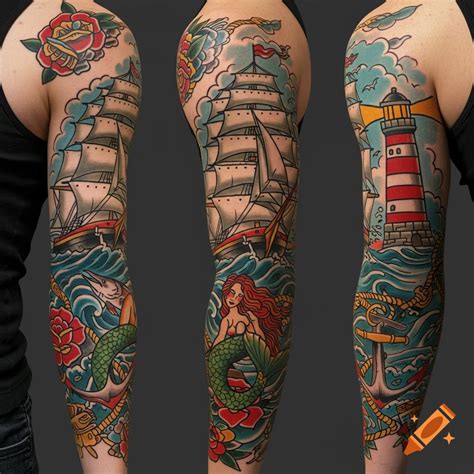 American Traditional Style Arm Sleeve Tattoo With A Ship Anchor Sea