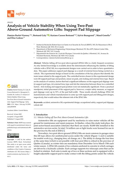 Analysis Of Vehicle Stability When Using Two Post Above Ground Automotive Lifts Support Pad Slippage