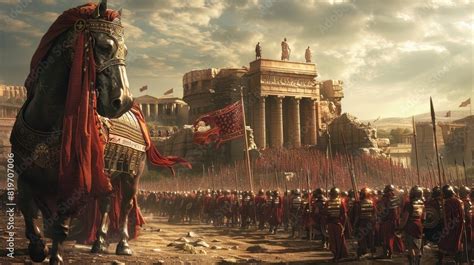 Ancient Roman Army Marching Towards The Grand Architecture Of Rome