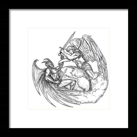 Angel Fighting Demon Over Earth World Tattoo Wood Print
