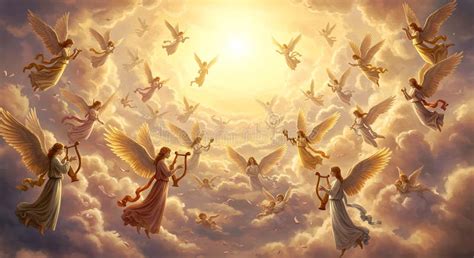 Angels Flying In Sky With Lyres Surrounded By Clouds And Light Stock Illustration Illustration Of Harmony Cloud 360034477