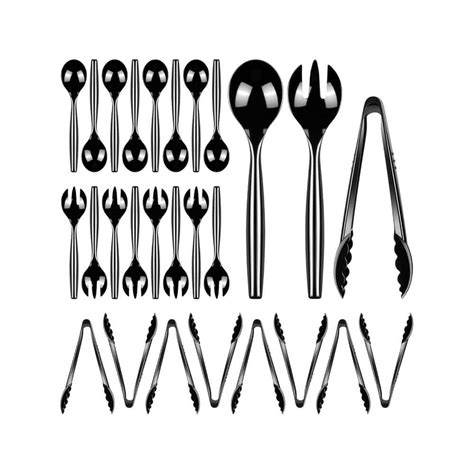 Anqtovp Black Disposable Plastic Serving Utensils Set Includes Spoons Forks Tongs For Party Buffet Wedding Events 24 Pieces