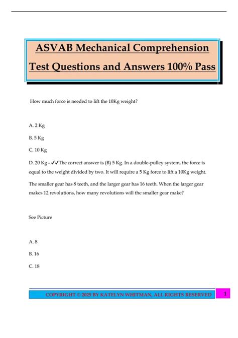 Asvab Mechanical Comprehension Test Questions And Answers 100% Pass ...