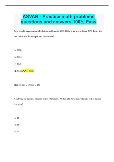 Asvab - Practice Math Problems Questions And Answers 100% Pass - Asvab ...
