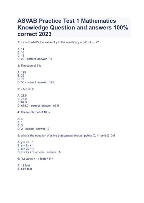 Asvab Practice Test 1 Mathematics Knowledge Question And Answers 100% ... Asvab Practice Test 1 Mathematics Knowledge Question And Answers 100% ...