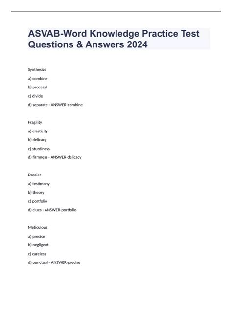 Asvab Word Knowledge Practice Test 2024 Questions Answers