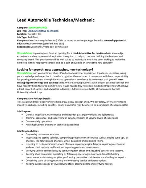 Auto Mechanic Job Description Template