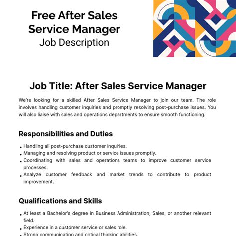 Automotive After Sales Service Manager Job Description Sample Job