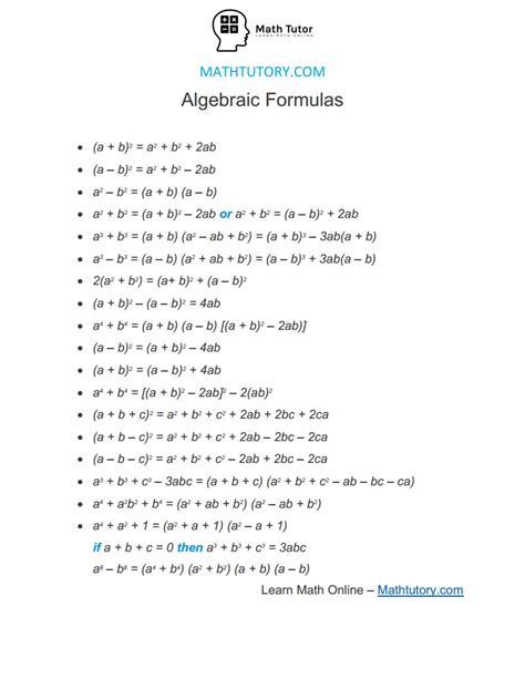 Basic Algebra Formulas
