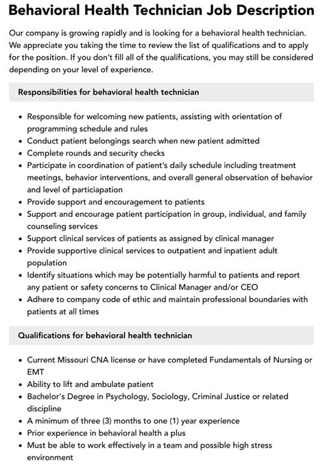 Behavioral Health Technician Job Description For Resume Pdf Nursing