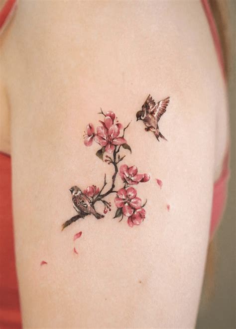 Birds And Flowers Will Always Go Together Did This Sparrow And Cherry Blossom For My Client S First Tattoo The Watercolor Technique Isn T Something I M Asked To Do Often But It Was Fun