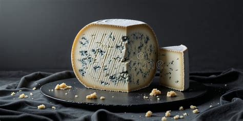 Blue Cheese Wheel And A Slice Displayed On A Dark Surface With Crumbs Blue Cheese Wheel And A Slice Displayed On A Dark Surface With Crumbs
