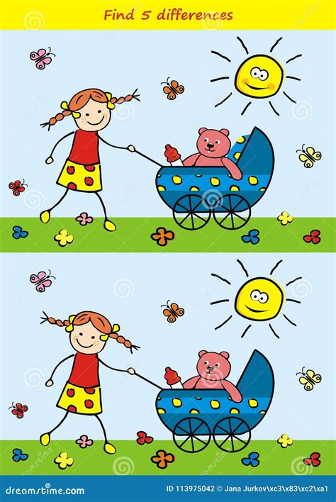 Board Game For Kids Find Five Differences Girl And Stroller With
