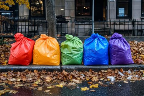 Brightly Colored Trash Bags Line The Curb Amid Fallen Leaves In An Brightly Colored Trash Bags Line The Curb Amid Fallen Leaves In An