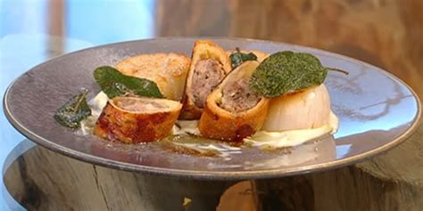 Brioche Sausage And Game Roll With Celeriac Pur E And Scallops Brioche Sausage And Game Roll With Celeriac Pur E And Scallops