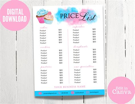 Cake Price List Pink Price List Bakery Menu Template Bakery Price List