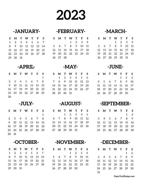 Calendar 2023 Printable One Page Paper Trail Design