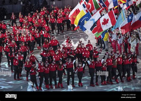 Canadian Athletes Walk Into The Olympic Stadium During The Closing